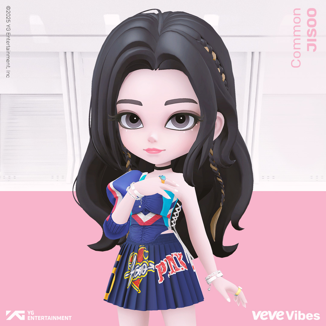 BLACKPINK collectibles promo image from VeVe, featuring “JISOO” in bold white text centered on a bright pink background.