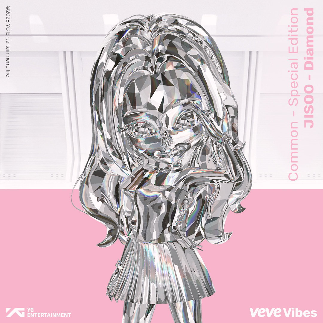 BLACKPINK collectibles promo image from VeVe, featuring a diamond-textured JISOO collectible figure in a white outfit and black boots, next to the text “JISOO” and “Diamond” on a pink background.