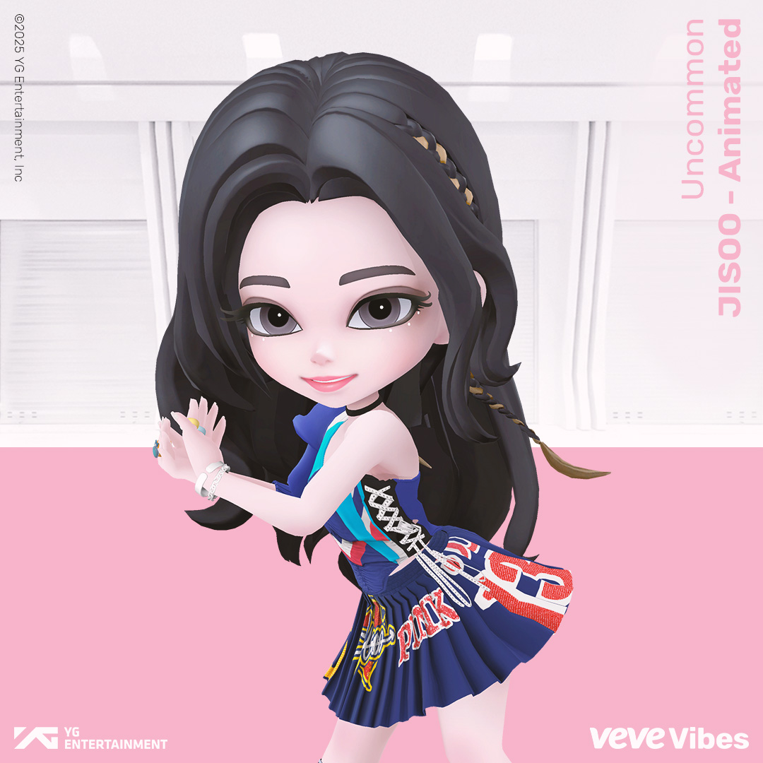 BLACKPINK collectibles promo image from VeVe, featuring a JISOO collectible figure with arms raised next to the text “JISOO” and “Animated” on a pink background.