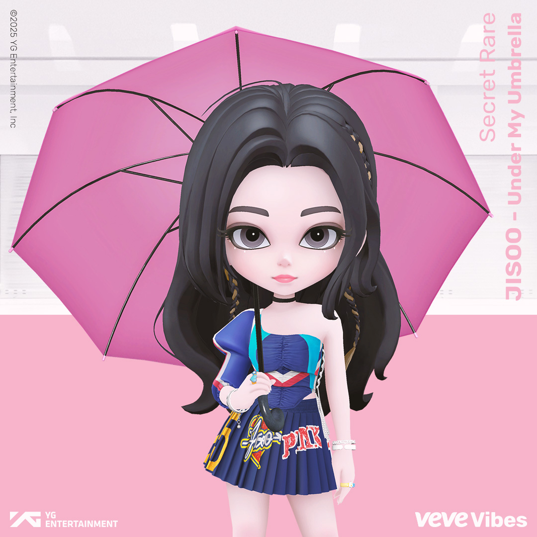 BLACKPINK collectibles promo image from VeVe, featuring a JISOO collectible figure holding a pink umbrella next to the text “JISOO” and “Under My Umbrella” on a pink background.