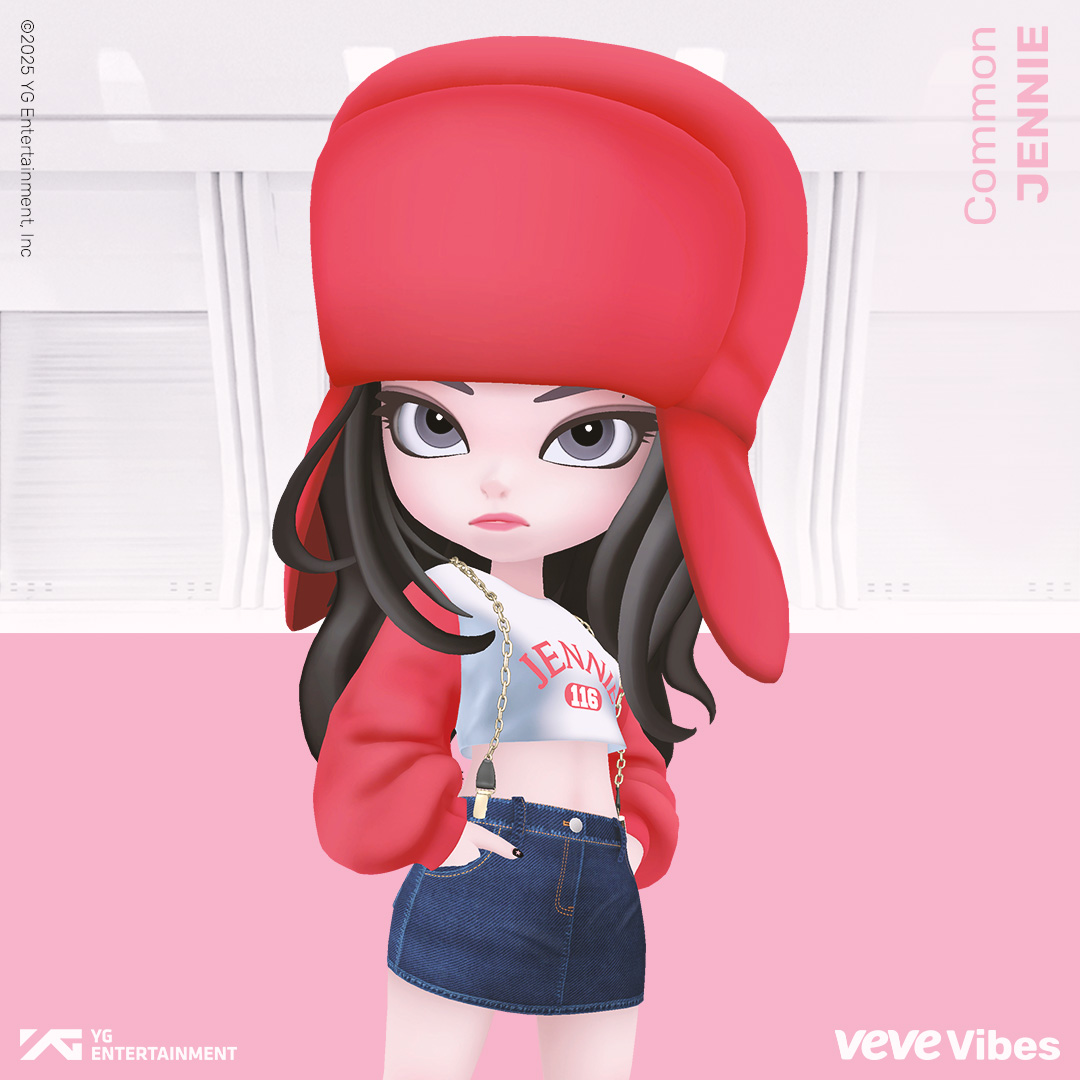 BLACKPINK collectibles promo image from VeVe, featuring a JENNIE collectible figure wearing a red hat next to the text “JENNIE” on a pink background.