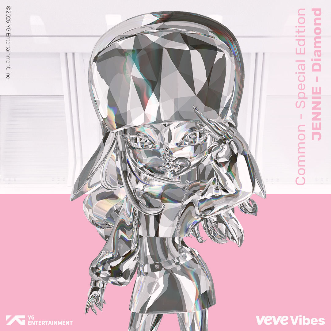 BLACKPINK collectibles promo image from VeVe, featuring a diamond-textured JENNIE collectible figure next to the text “JENNIE” and “Diamond” on a pink background.