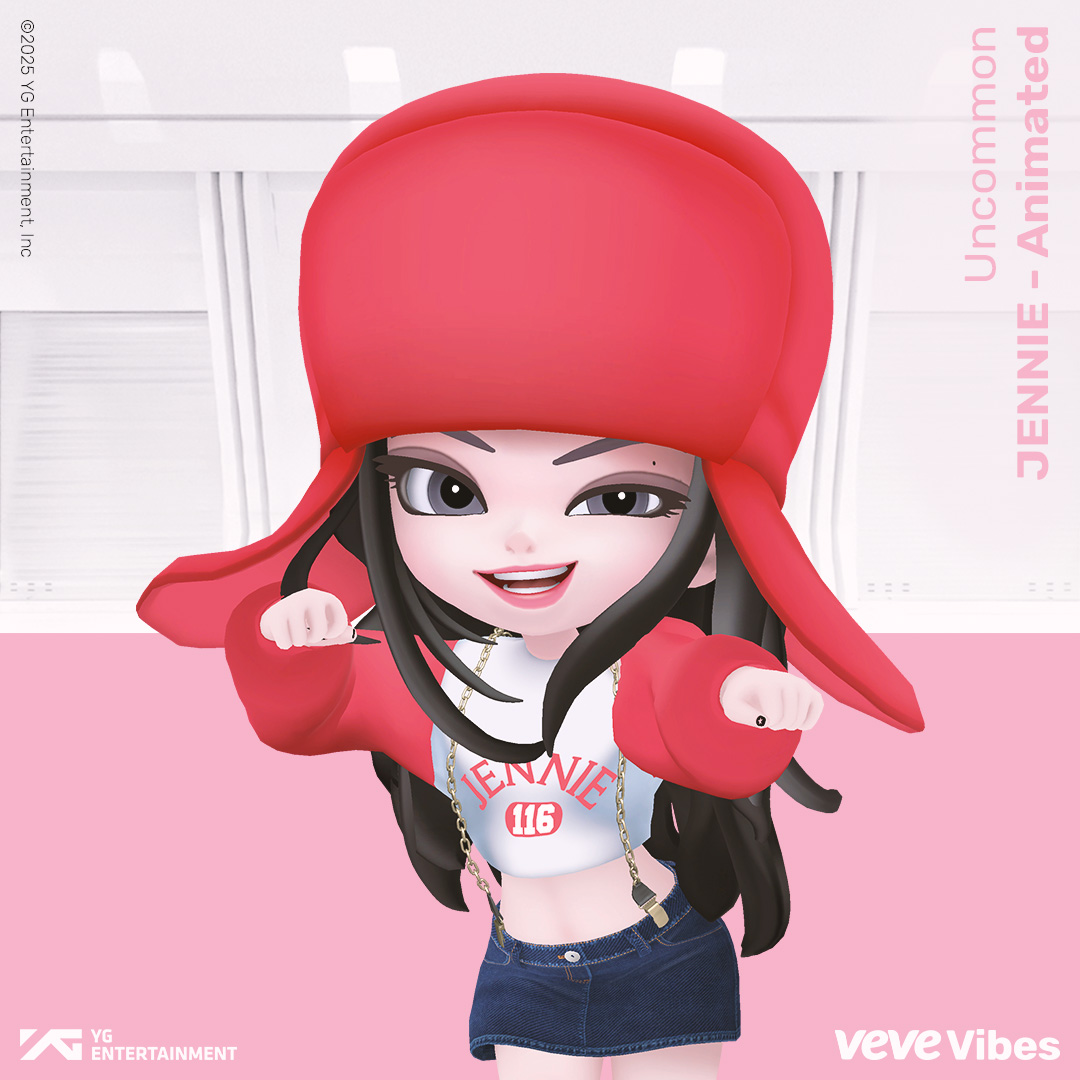 Jennie Blackpink collectible with a red hat and white top in a dance pose, representing an uncommon rarity in VeVe