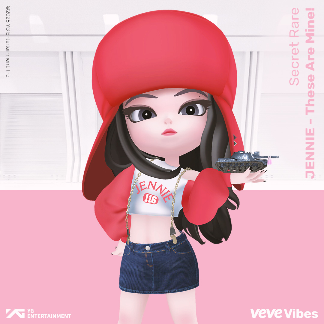 Jennie from BLACKPINK posing with a tank in her hand, representing a limited edition collectible on VeVe