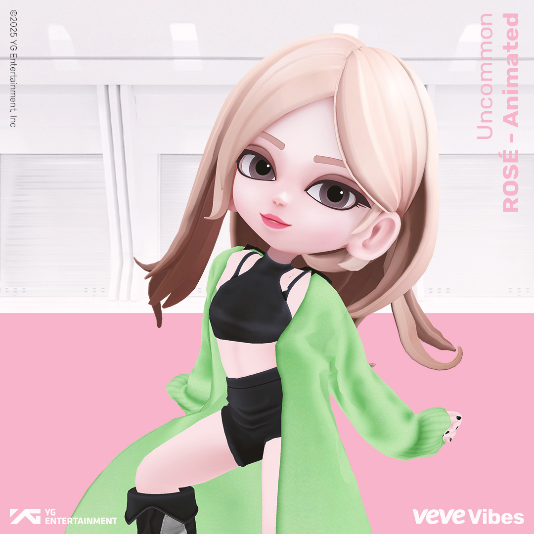 BLACKPINK ROSE collectible wearing green and is in a dancing post, representing a limited edition drop on VeVe
