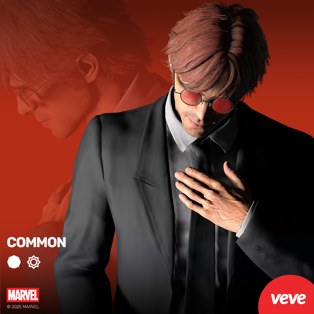 Common Matt Murdock collectible wearing red suit and glasses, from VeVe’s Marvel collectibles series.