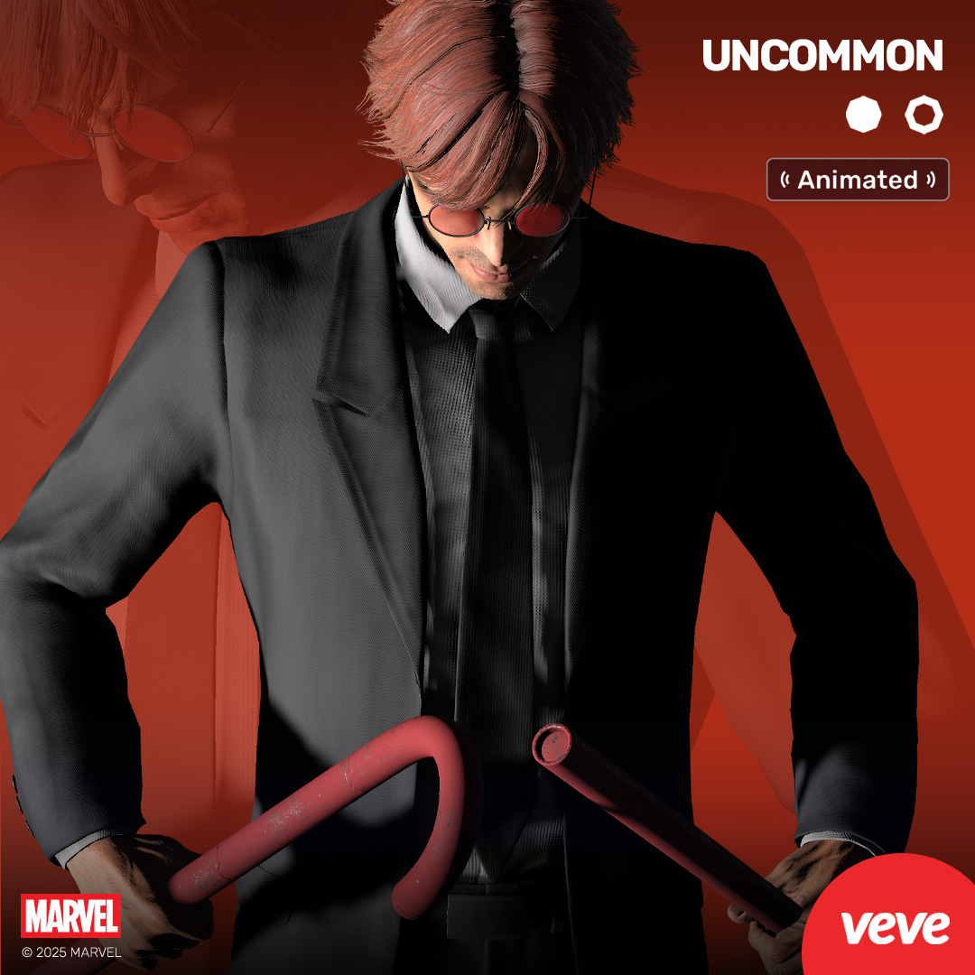 Uncommon Matt Murdock collectible wearing a maroon suit and red-tinted glasses, arms crossed, from VeVe’s Marvel collectibles series.