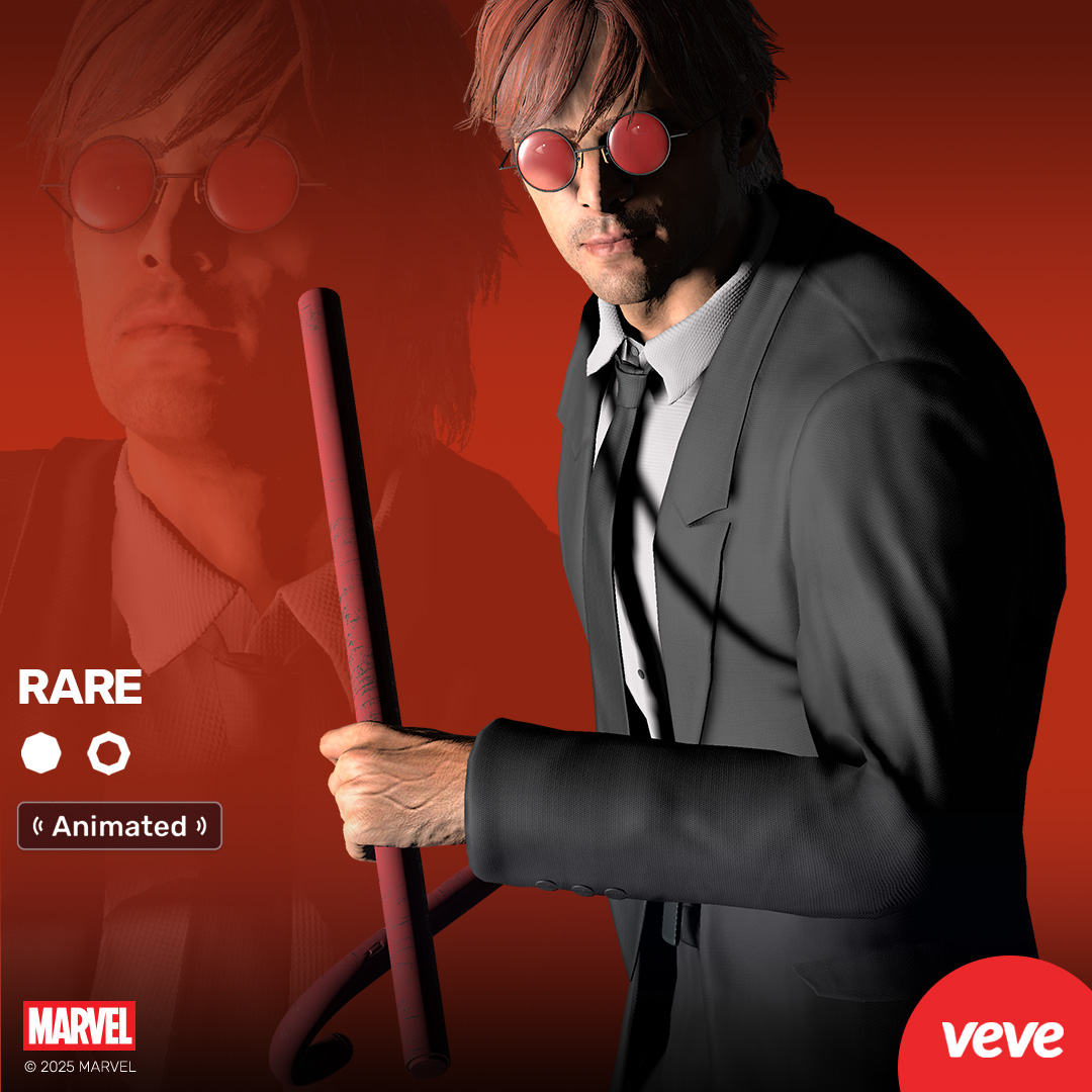 Rare Matt Murdock collectible wearing a dark burgundy suit and black shirt, holding a cane with head tilted, from VeVe’s Marvel collectibles series.