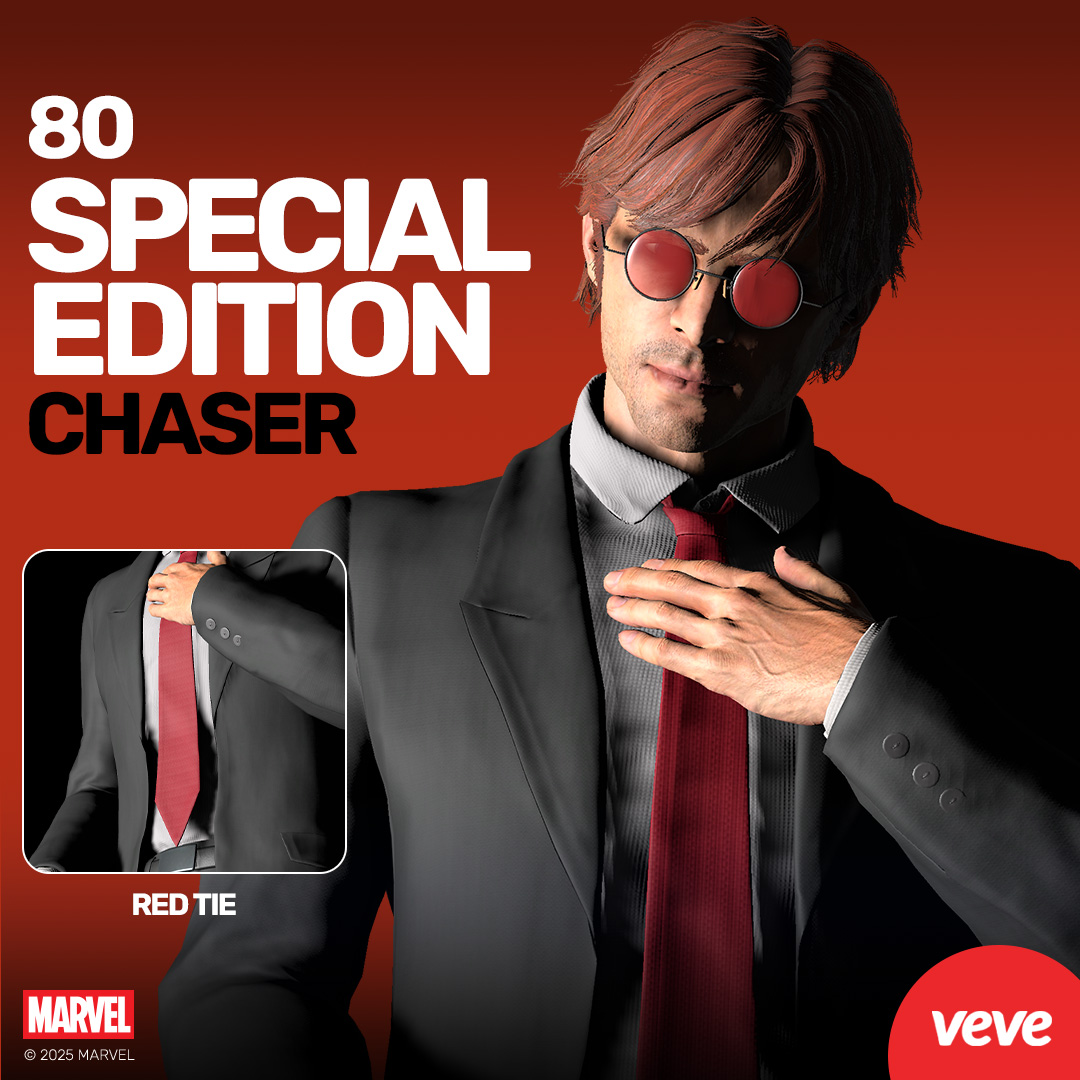 Matt Murdock Special Edition collectible wearing a dark red suit and holding a cane from VeVe’s Marvel collectibles series.