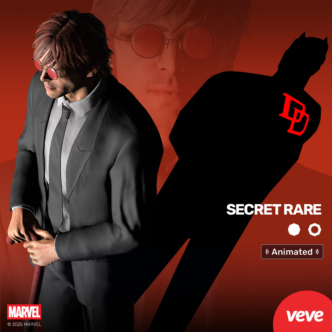 Secret Rare Matt Murdock collectible wearing a scuffed grey suit with red-tinted glasses and a loosened tie, walking forward with a cane, casting a shadow behind him in the shape of the Daredevil logo, from VeVe’s Marvel collectibles series.