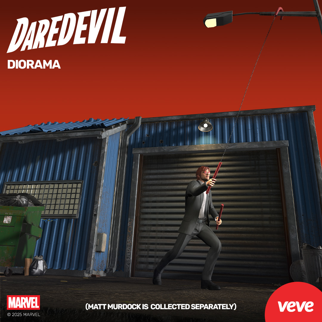 Matt Murdock Diorama collectible from VeVe’s Marvel collectibles series, featuring Matt in a red suit standing outside a metal building, surrounded by debris and dramatic lighting.
