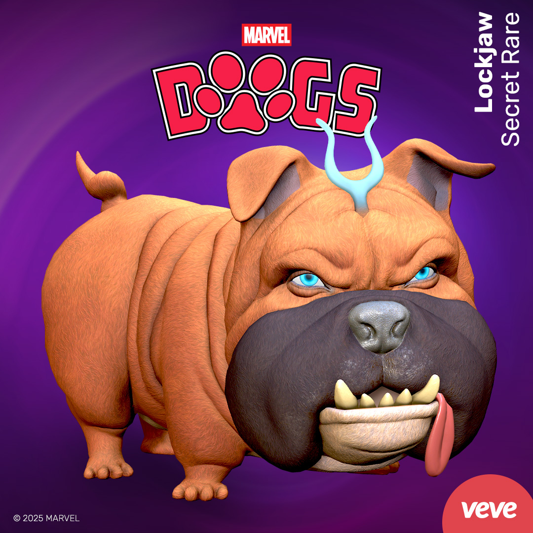 Lockjaw marvel collectible in digital form with DOGS logo and a purple background