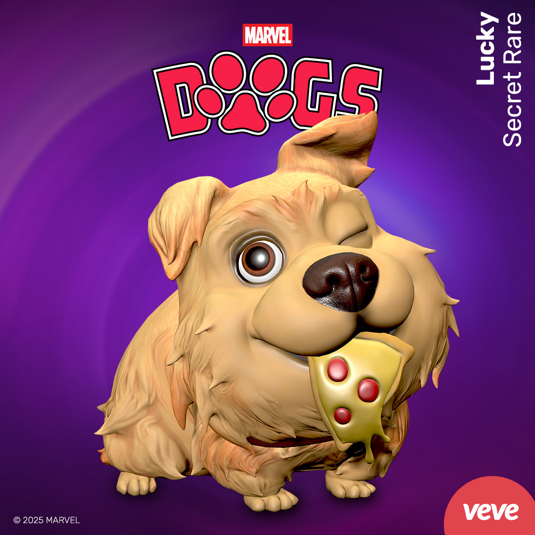 Lucky marvel collectible in digital form with DOGS logo and a purple background