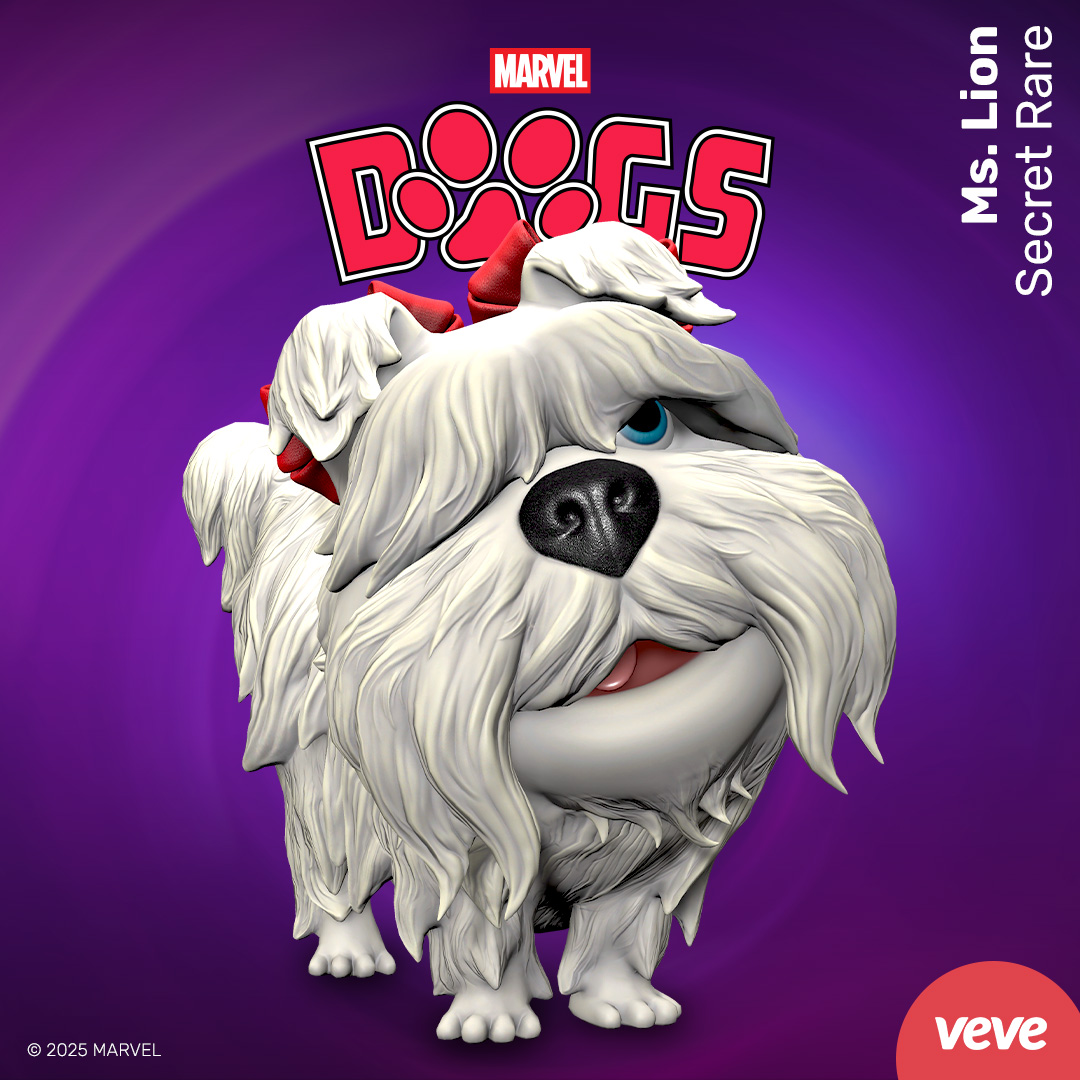 Ms. Lion marvel collectible in digital form with DOGS text and a purple background