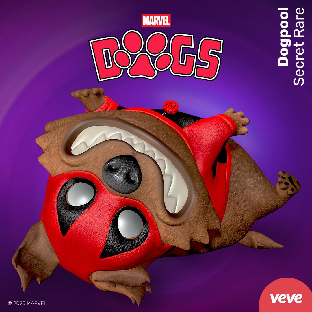 Dogpool marvel collectible in digital form with DOGS text and a purple background