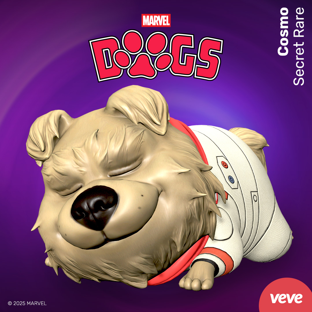 Cosmo marvel collectible in digital form with DOGS text and a purple background