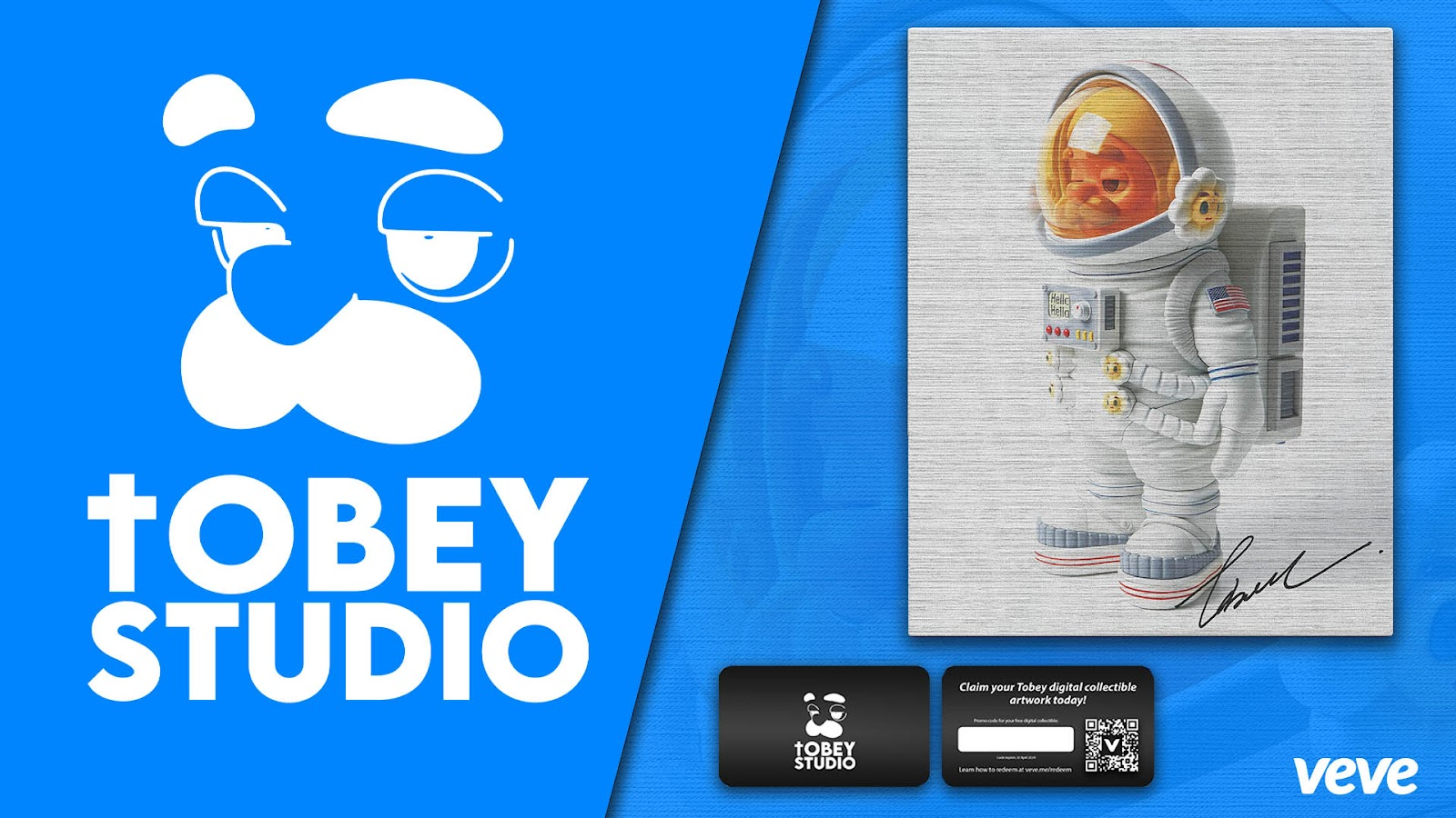 Koean artist Tobey and a display of his One Small Step artwork on VeVe