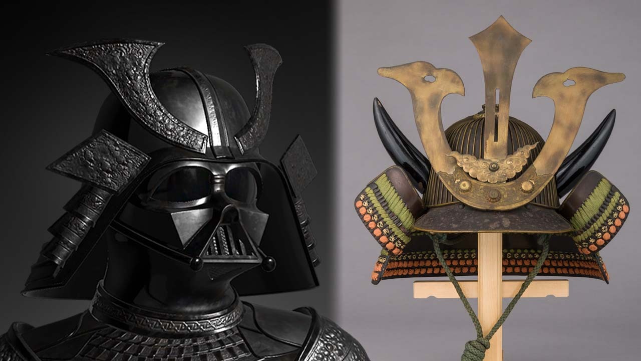 Darth Vader Samurai collectible next to a Japanese samurai helmet