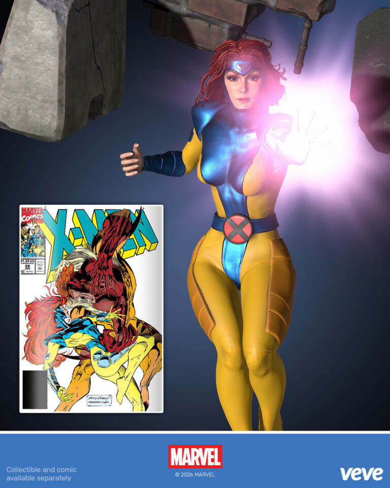 Jean Grey yellow suit paired with a digital comic on VeVe