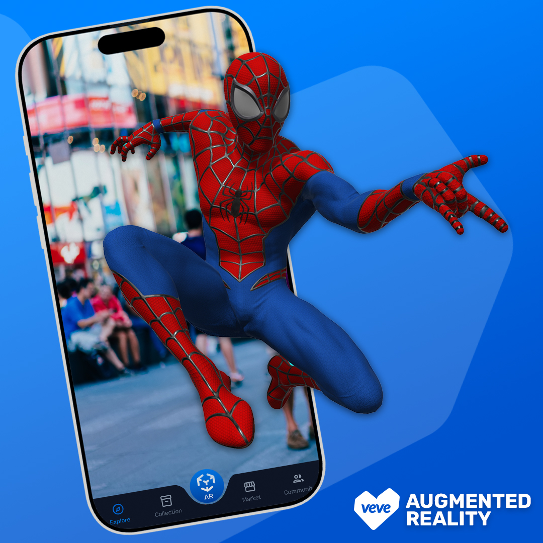 Spider-Man popping out of phone showcasing augmented reality features on VeVe AR app