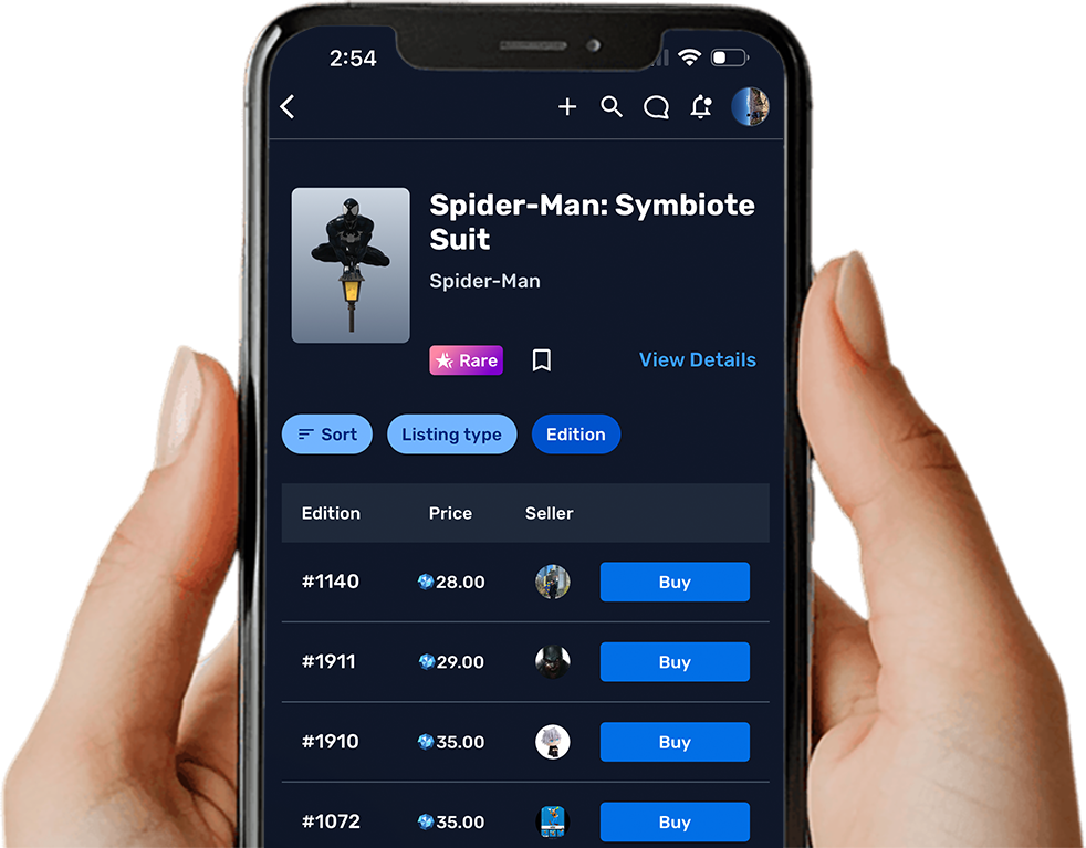 VeVe marketplace showcasing Spider-Man collectibles for sale