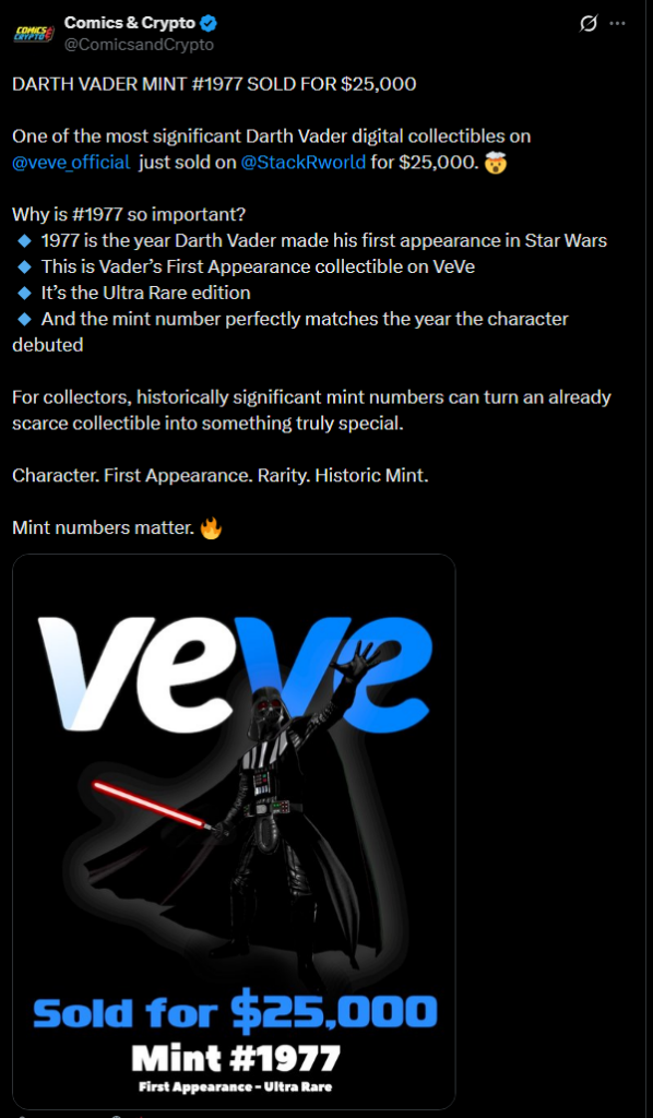 Twitter post about the Darth Vader 25,000 sale